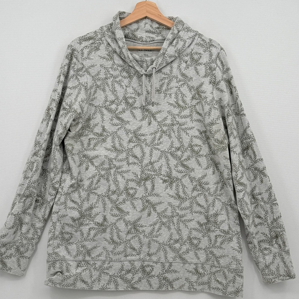 LL Bean Sweatshirt Women Large Gray Leaf Funnel Neck Cottagecore Coastal Nature